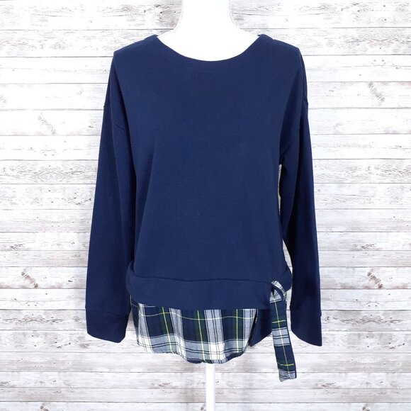Izod Womens Sweatshirt L Navy Blue Plaid Tie Front 935 - Picture 1 of 6